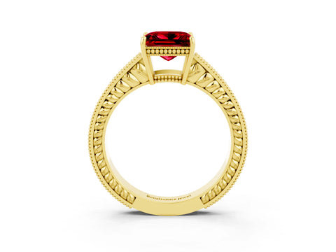 Yellow gold Princess Cut Ruby Engagement Ring with Milgrain Channel Set Band and Prong Setting_3