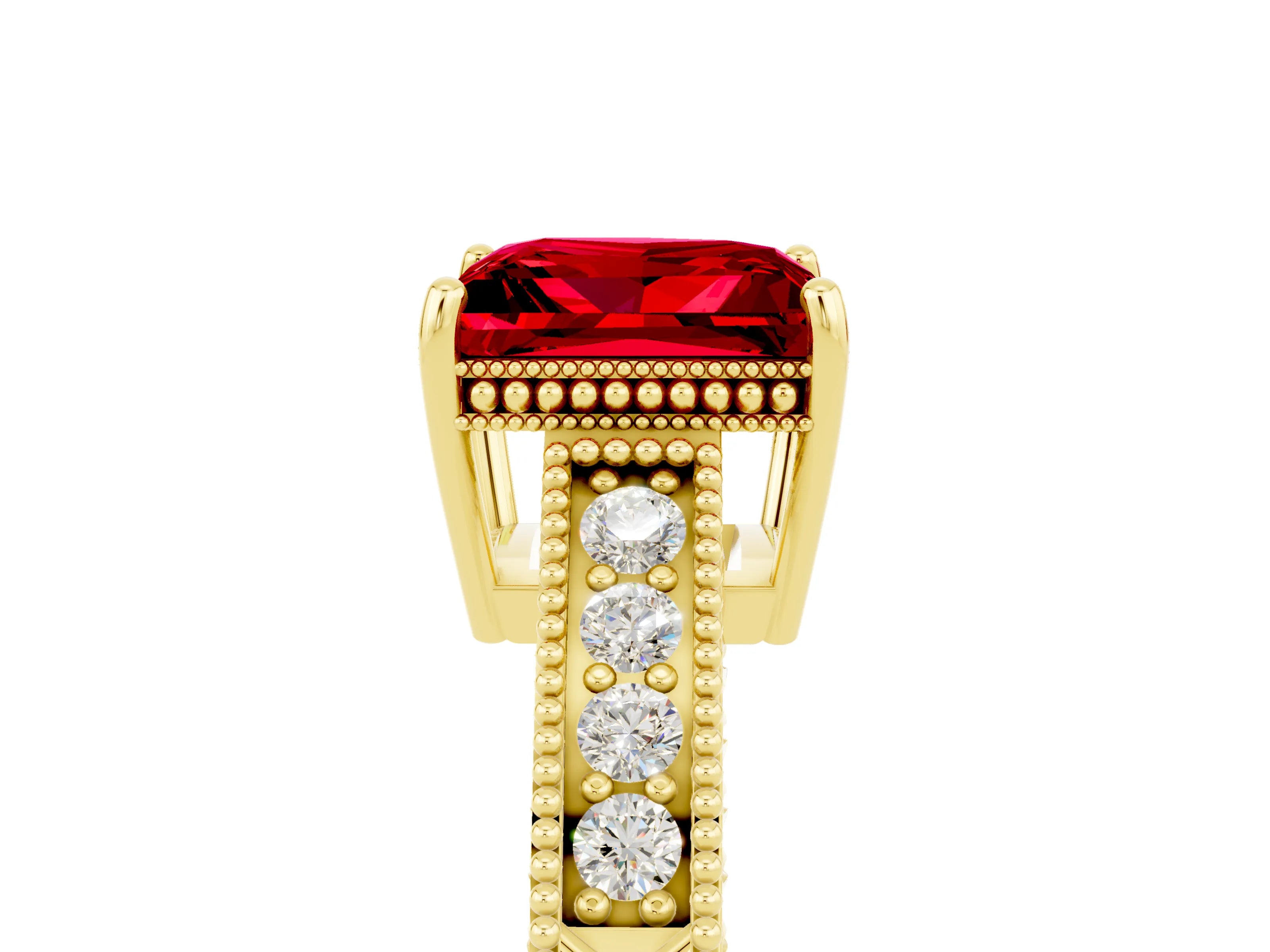 Yellow gold Princess Cut Ruby Engagement Ring with Milgrain Channel Set Band and Prong Setting_5