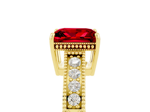 Yellow gold Princess Cut Ruby Engagement Ring with Milgrain Channel Set Band and Prong Setting_5