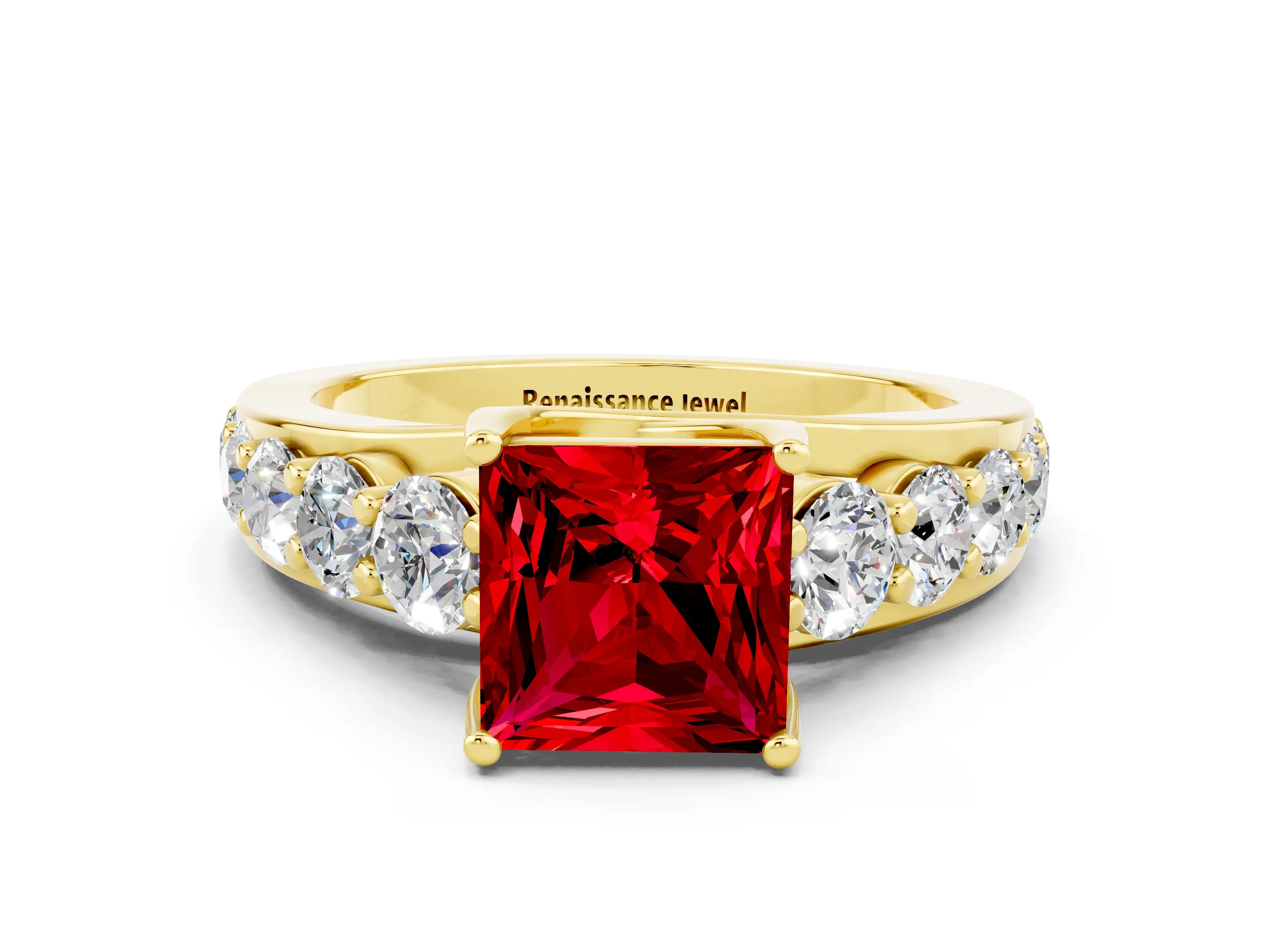 Yellow gold Princess Cut Ruby Engagement Ring with Pavé Band and Four-Prong Setting