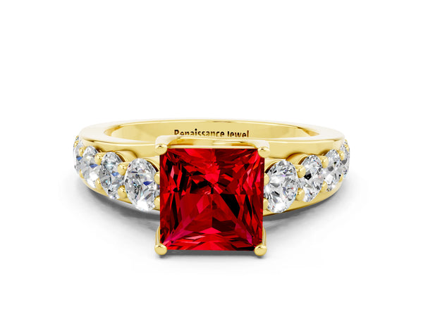 Yellow gold Princess Cut Ruby Engagement Ring with Pavé Band and Four-Prong Setting