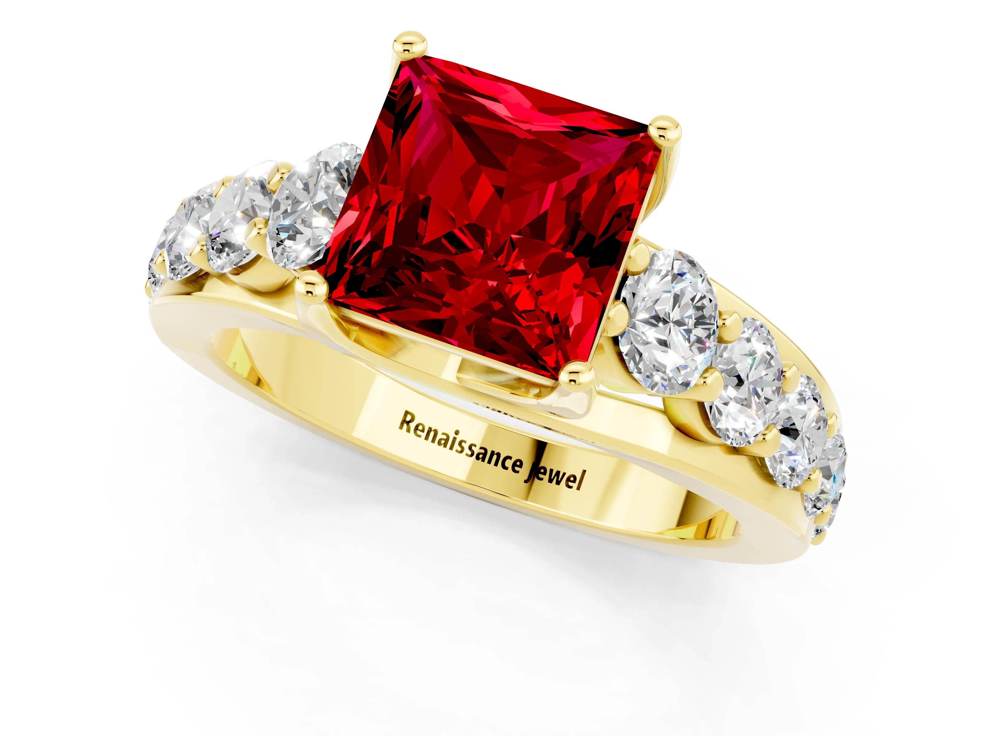 Yellow gold Princess Cut Ruby Engagement Ring with Pavé Band and Four-Prong Setting_1