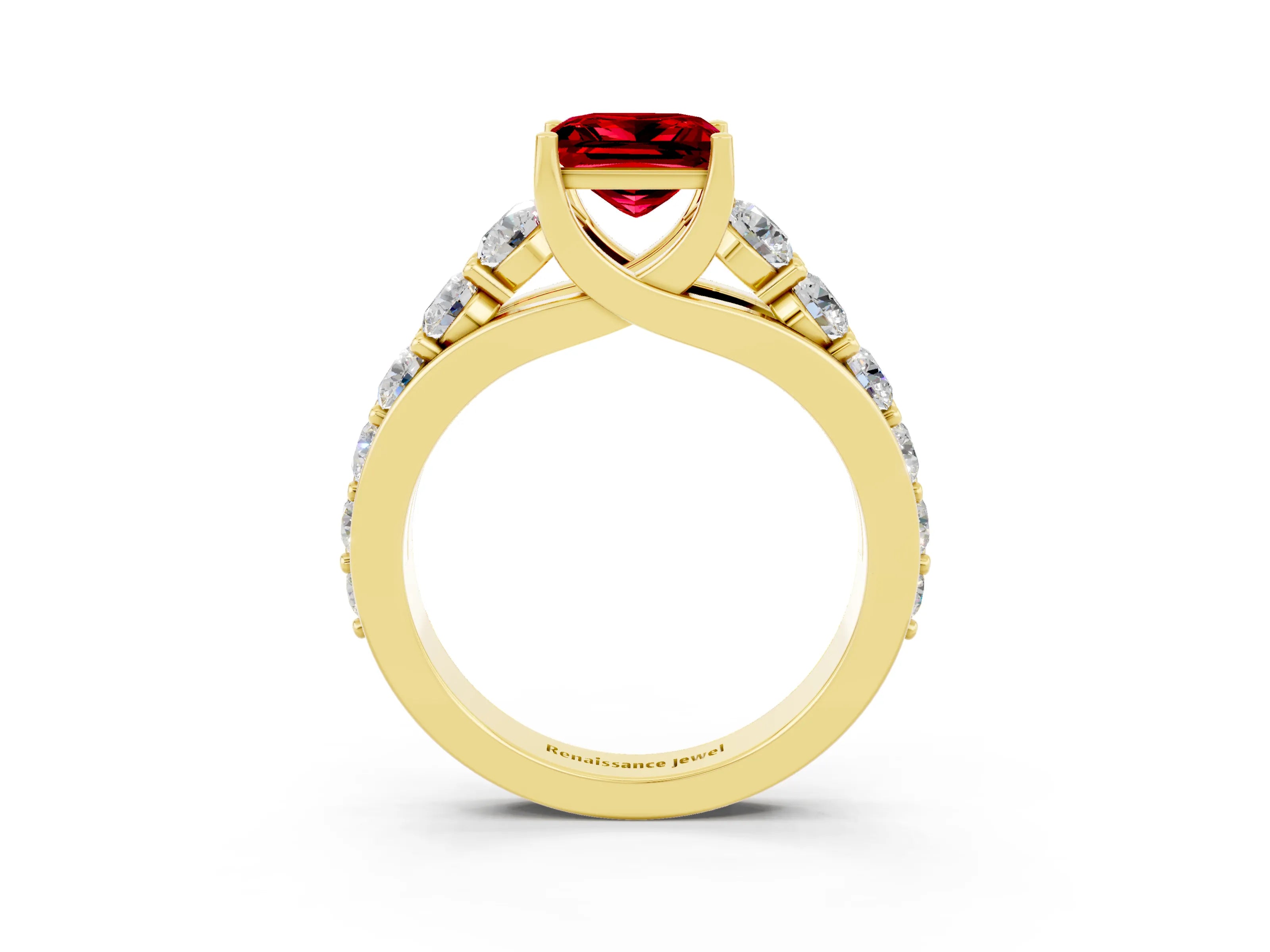 Yellow gold Princess Cut Ruby Engagement Ring with Pavé Band and Four-Prong Setting_3
