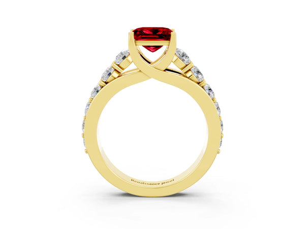 Yellow gold Princess Cut Ruby Engagement Ring with Pavé Band and Four-Prong Setting