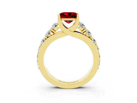 Yellow gold Princess Cut Ruby Engagement Ring with Pavé Band and Four-Prong Setting_3