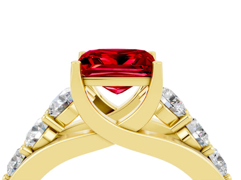 Yellow gold Princess Cut Ruby Engagement Ring with Pavé Band and Four-Prong Setting_4