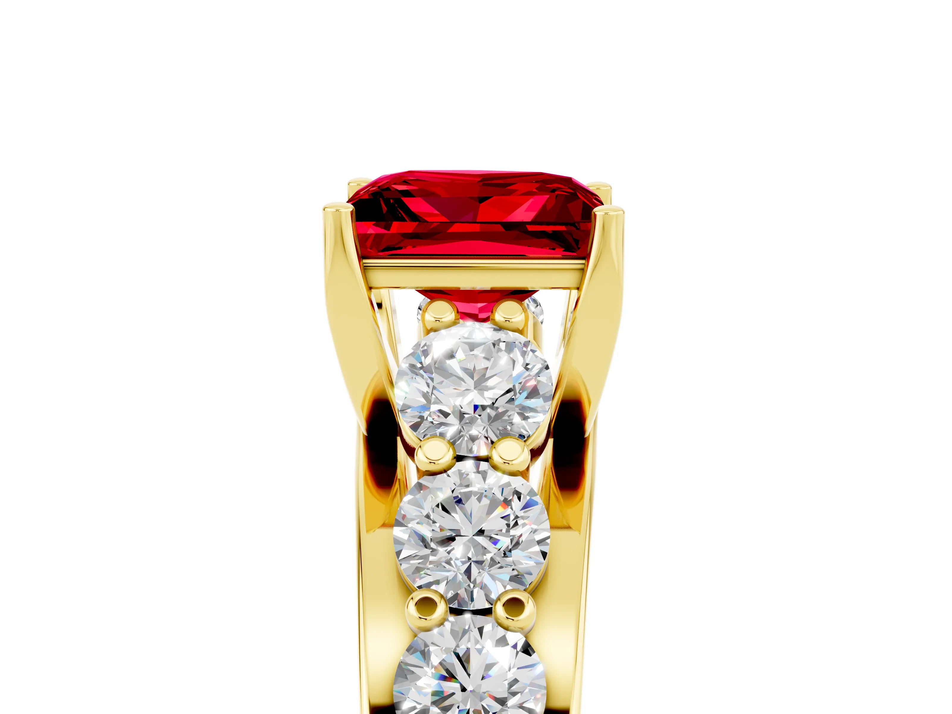 Yellow gold Princess Cut Ruby Engagement Ring with Pavé Band and Four-Prong Setting_5