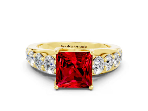 Yellow gold Princess Cut Ruby Engagement Ring with Pavé Band and Four-Prong Setting