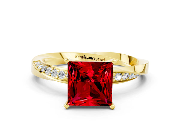 Yellow gold Princess Cut Ruby Engagement Ring with Side Stone Accents and Four-Prong Setting
