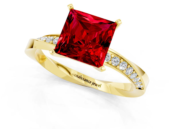 Yellow gold Princess Cut Ruby Engagement Ring with Side Stone Accents and Four-Prong Setting
