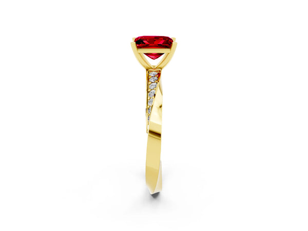 Yellow gold Princess Cut Ruby Engagement Ring with Side Stone Accents and Four-Prong Setting