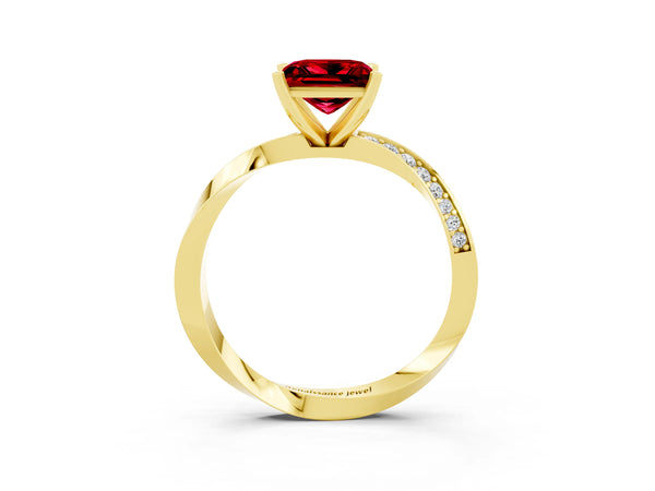 Yellow gold Princess Cut Ruby Engagement Ring with Side Stone Accents and Four-Prong Setting