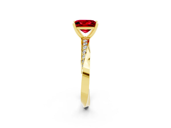 Yellow gold Princess Cut Ruby Engagement Ring with Side Stone Accents and Four-Prong Setting
