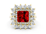 Yellow gold Princess Cut Ruby Floral Double Halo Engagement Ring with Prong Setting_90