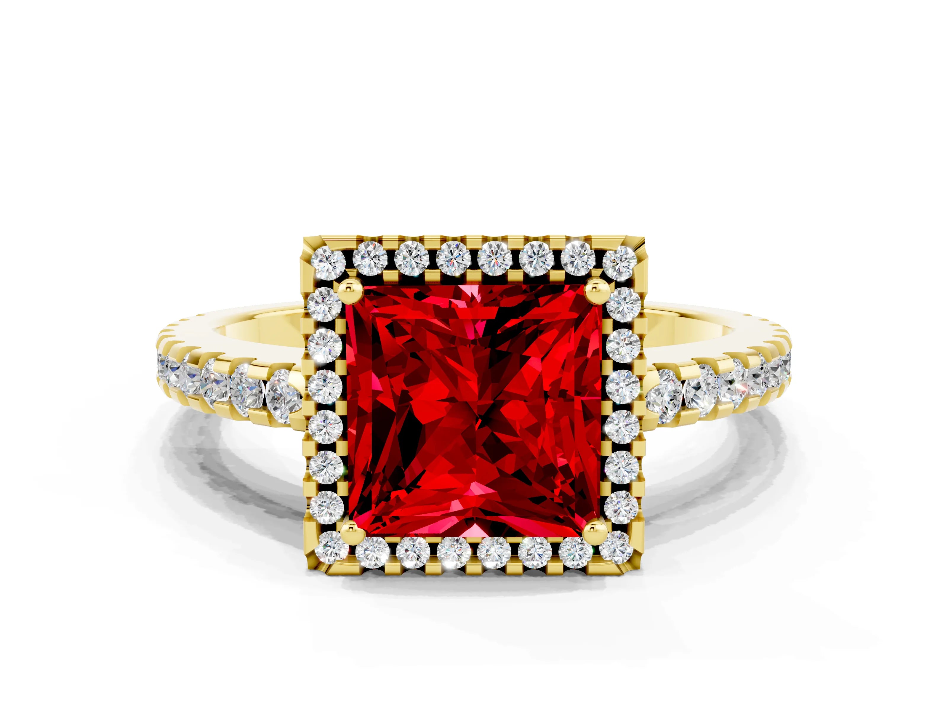 Yellow gold Princess Cut Ruby Halo Engagement Ring with Pavé Band and Prong Setting_12