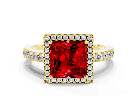 Yellow gold Princess Cut Ruby Halo Engagement Ring with Pavé Band and Prong Setting_12