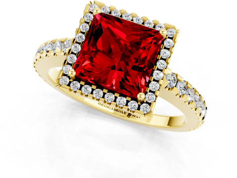Yellow gold Princess Cut Ruby Halo Engagement Ring with Pavé Band and Prong Setting_13