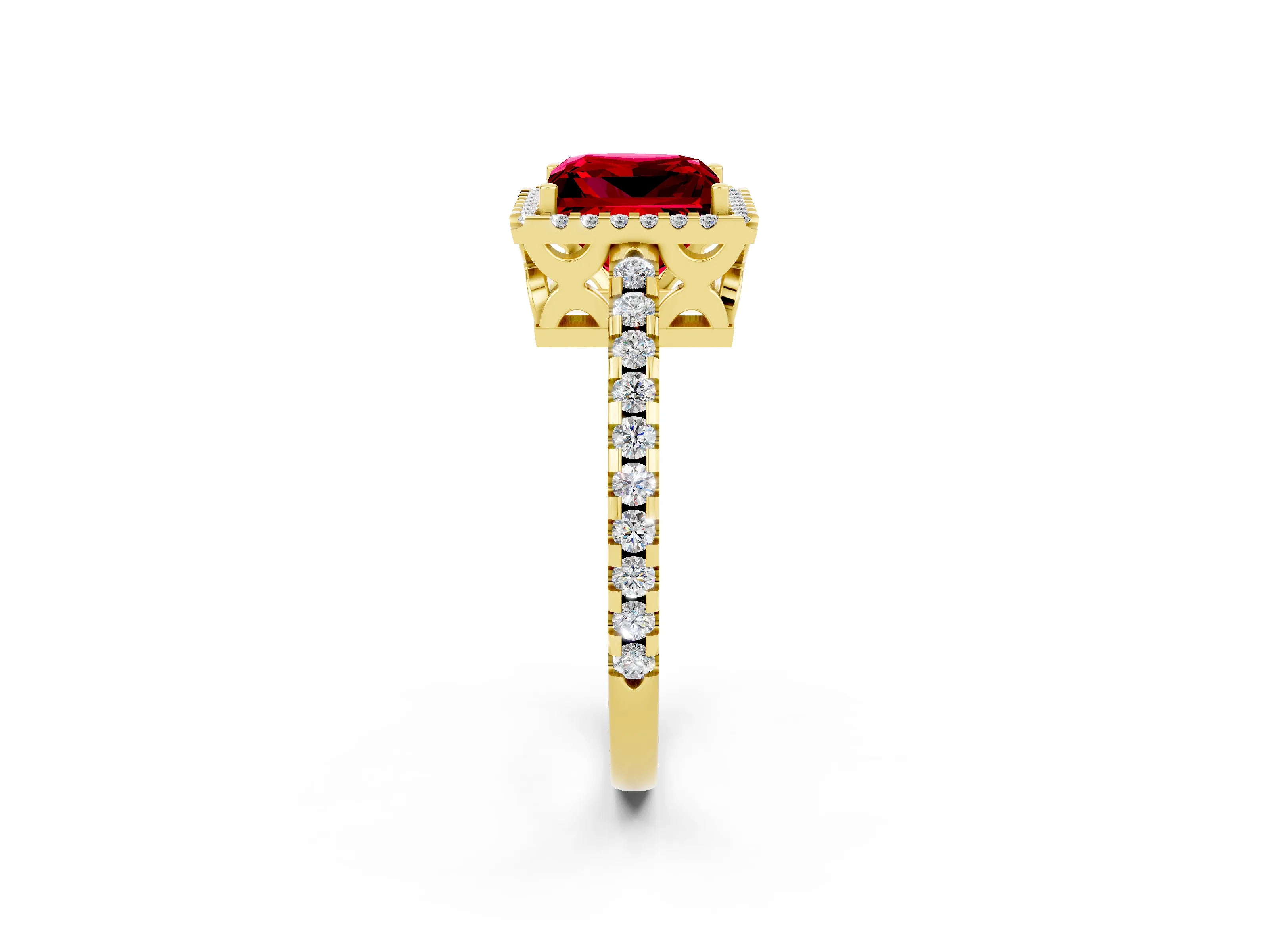 Yellow gold Princess Cut Ruby Halo Engagement Ring with Pavé Band and Prong Setting_14