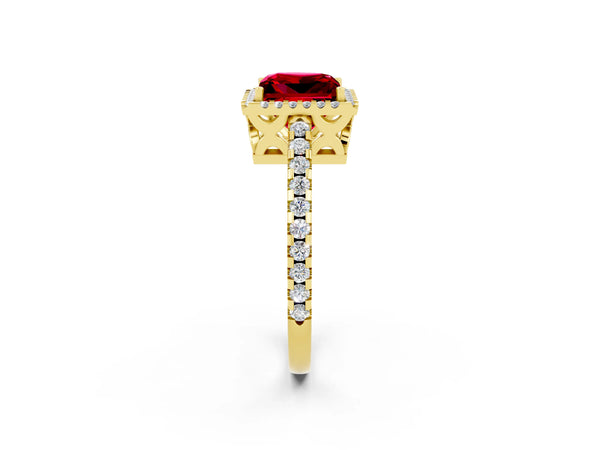 Yellow gold Princess Cut Ruby Halo Engagement Ring with Pavé Band and Prong Setting