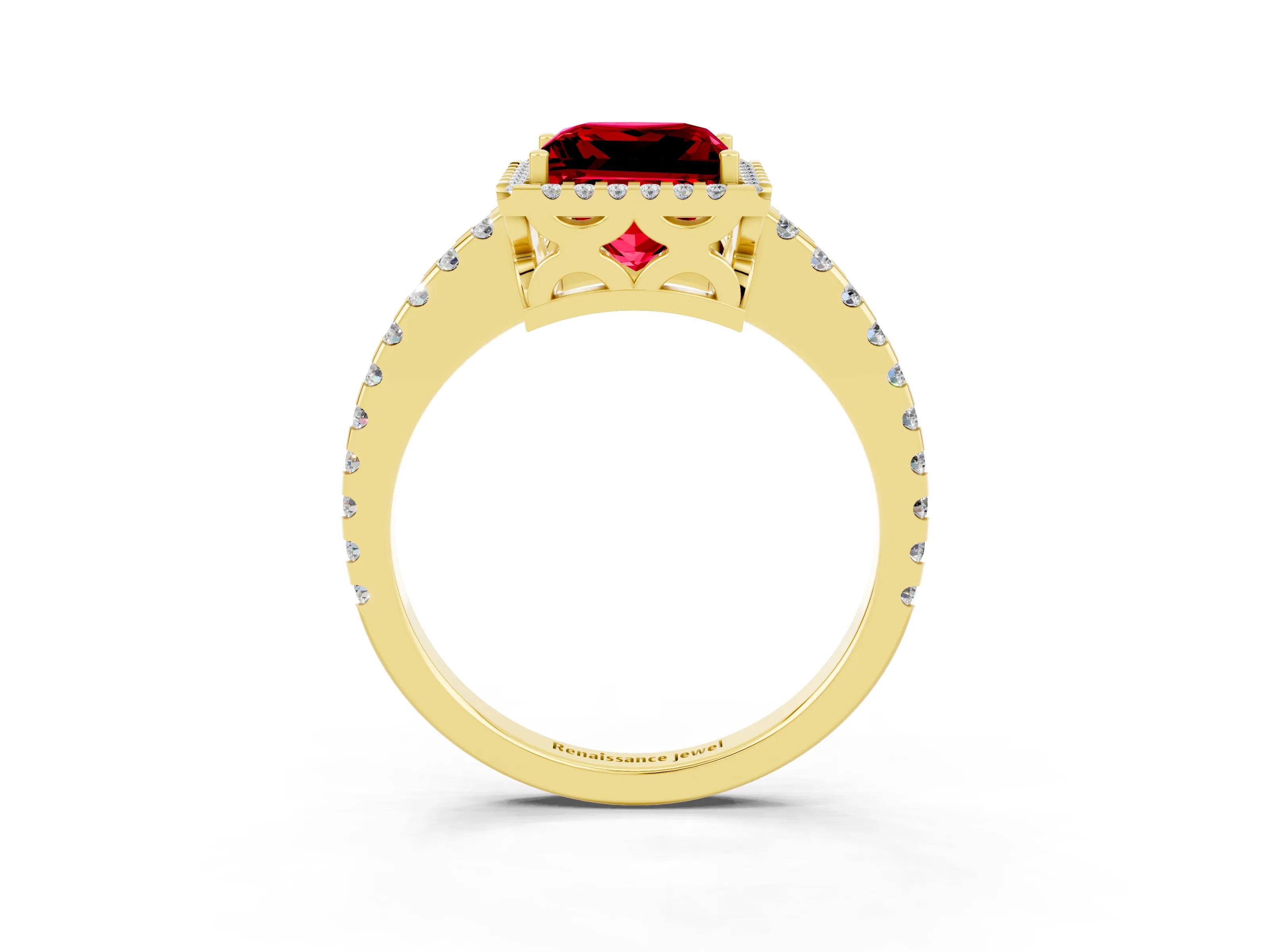 Yellow gold Princess Cut Ruby Halo Engagement Ring with Pavé Band and Prong Setting_15