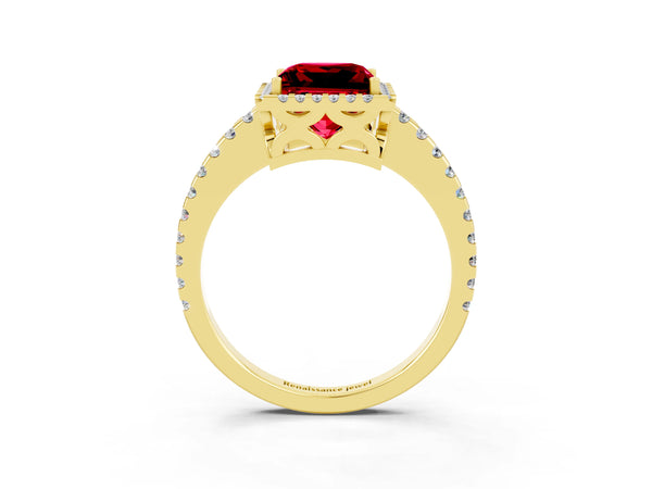 Yellow gold Princess Cut Ruby Halo Engagement Ring with Pavé Band and Prong Setting
