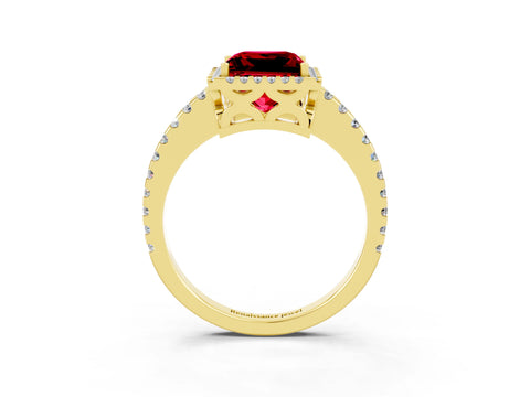 Yellow gold Princess Cut Ruby Halo Engagement Ring with Pavé Band and Prong Setting_15