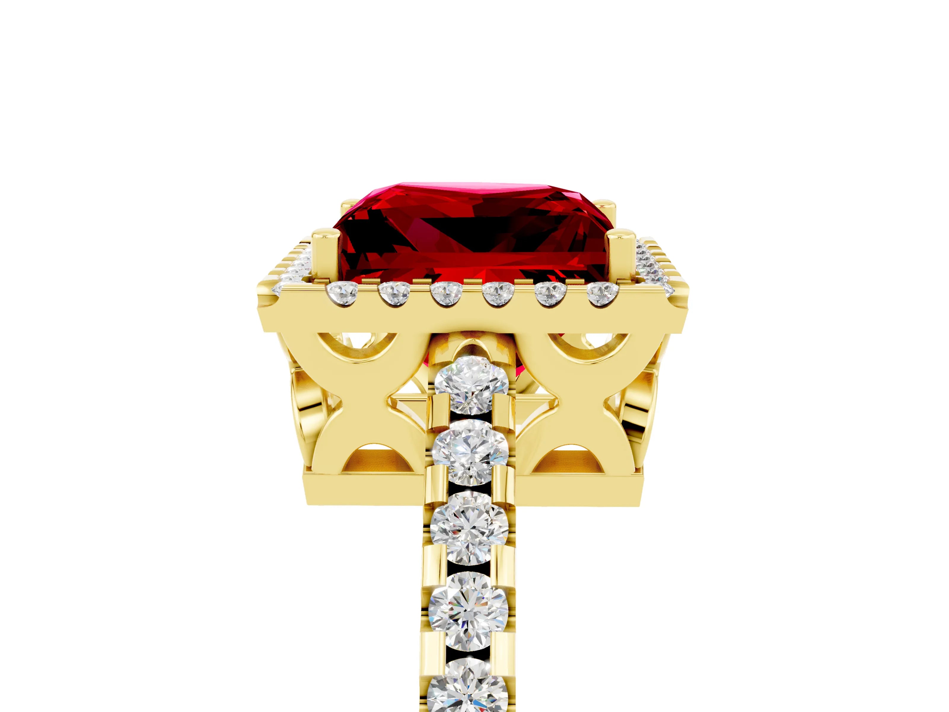Yellow gold Princess Cut Ruby Halo Engagement Ring with Pavé Band and Prong Setting_17