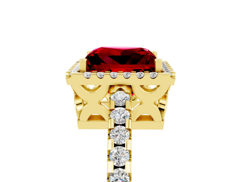 Yellow gold Princess Cut Ruby Halo Engagement Ring with Pavé Band and Prong Setting_17