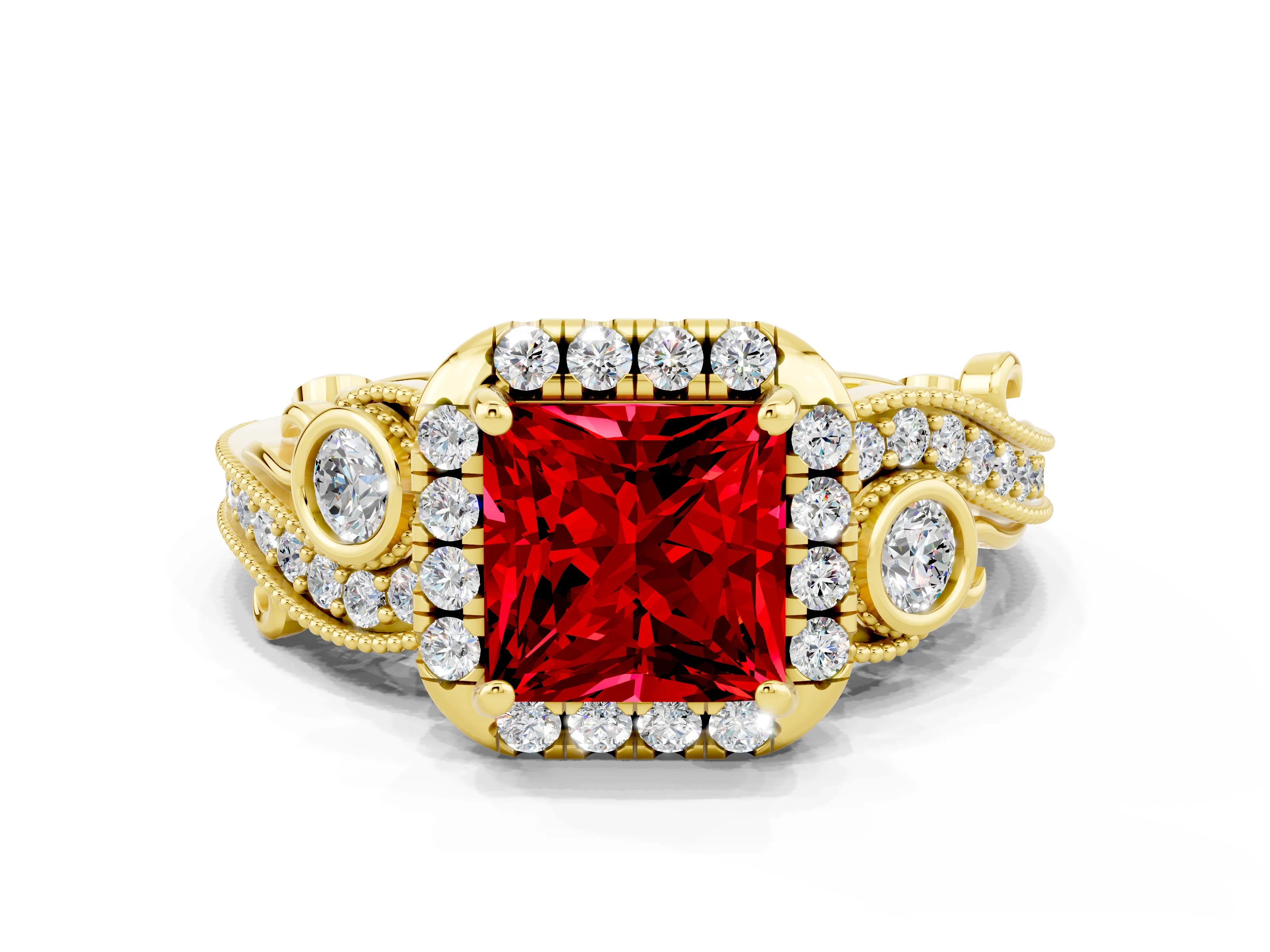 Yellow gold Princess Cut Ruby Halo Ring with Milgrain Pavé Band and Four-Prong Setting_36