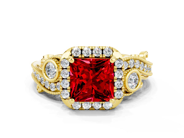 Yellow gold Princess Cut Ruby Halo Ring with Milgrain Pavé Band and Four-Prong Setting