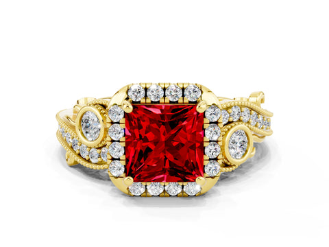 Yellow gold Princess Cut Ruby Halo Ring with Milgrain Pavé Band and Four-Prong Setting_36