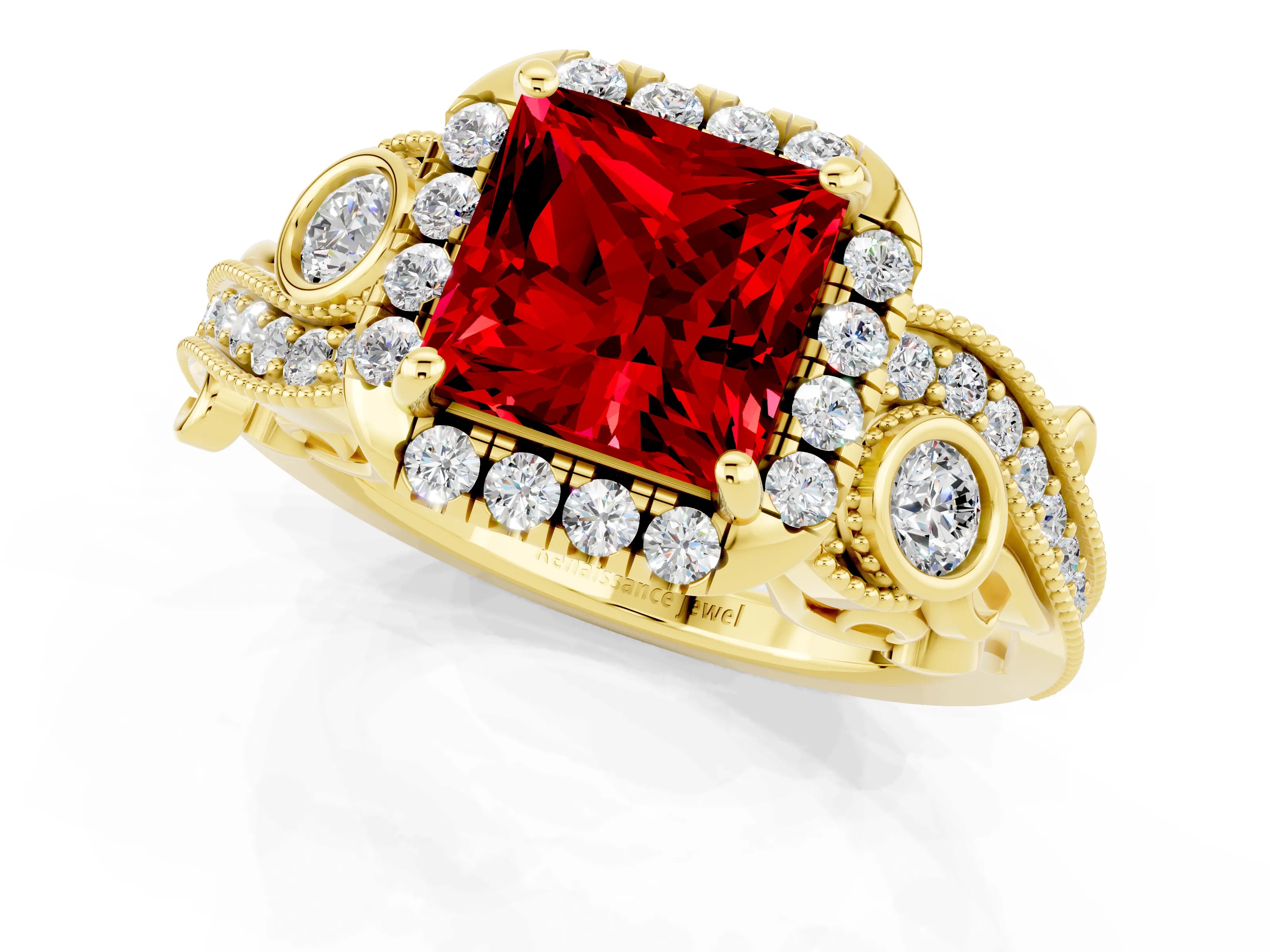 Yellow gold Princess Cut Ruby Halo Ring with Milgrain Pavé Band and Four-Prong Setting_37
