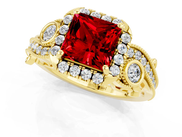 Yellow gold Princess Cut Ruby Halo Ring with Milgrain Pavé Band and Four-Prong Setting