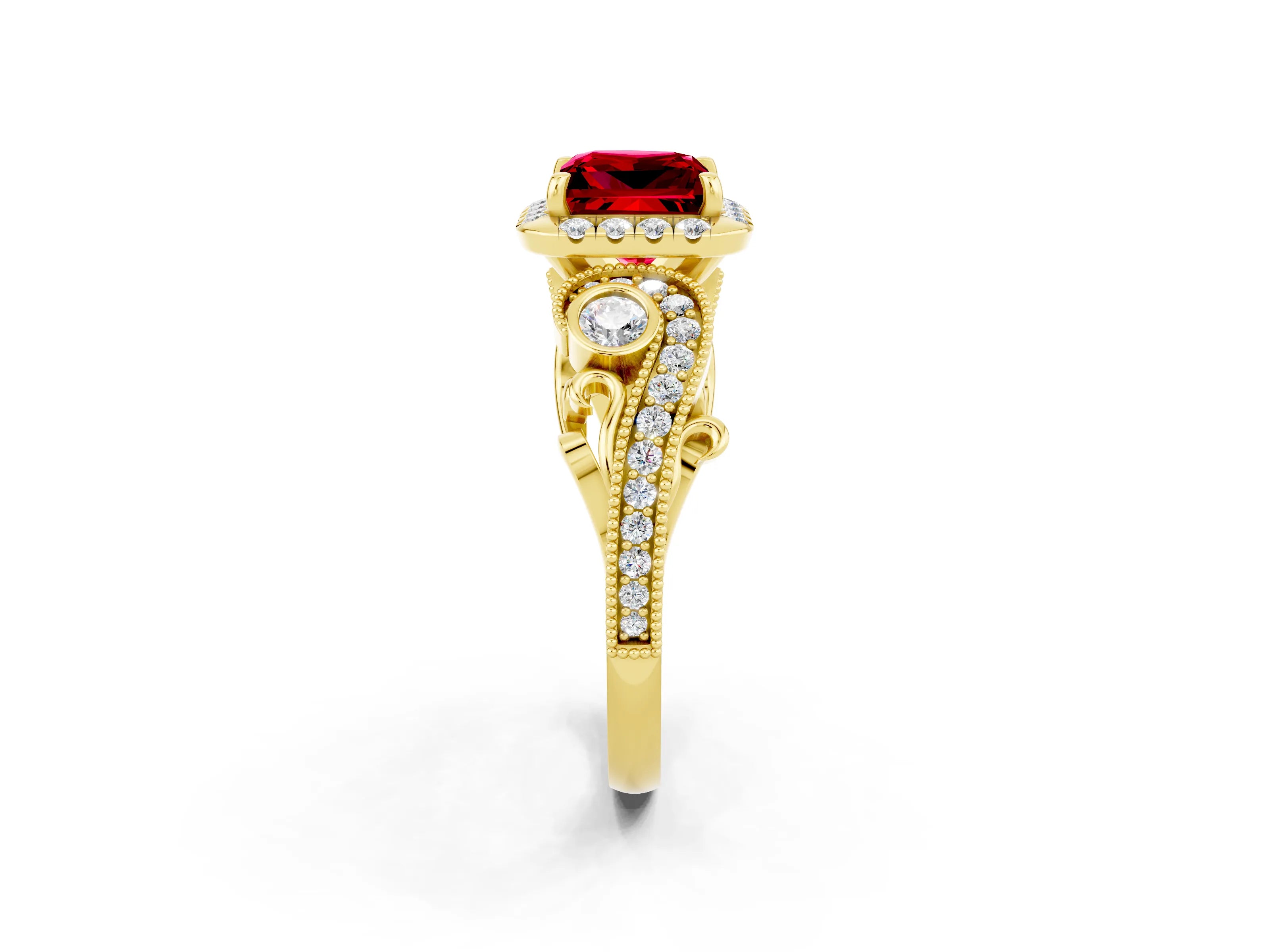 Yellow gold Princess Cut Ruby Halo Ring with Milgrain Pavé Band and Four-Prong Setting_38