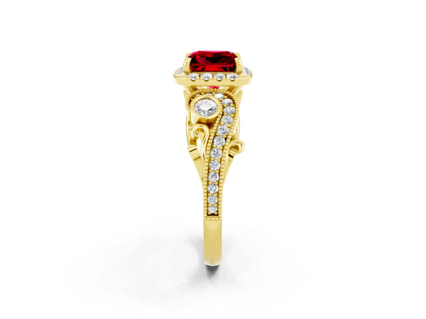 Yellow gold Princess Cut Ruby Halo Ring with Milgrain Pavé Band and Four-Prong Setting