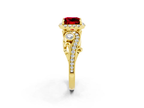 Yellow gold Princess Cut Ruby Halo Ring with Milgrain Pavé Band and Four-Prong Setting_38
