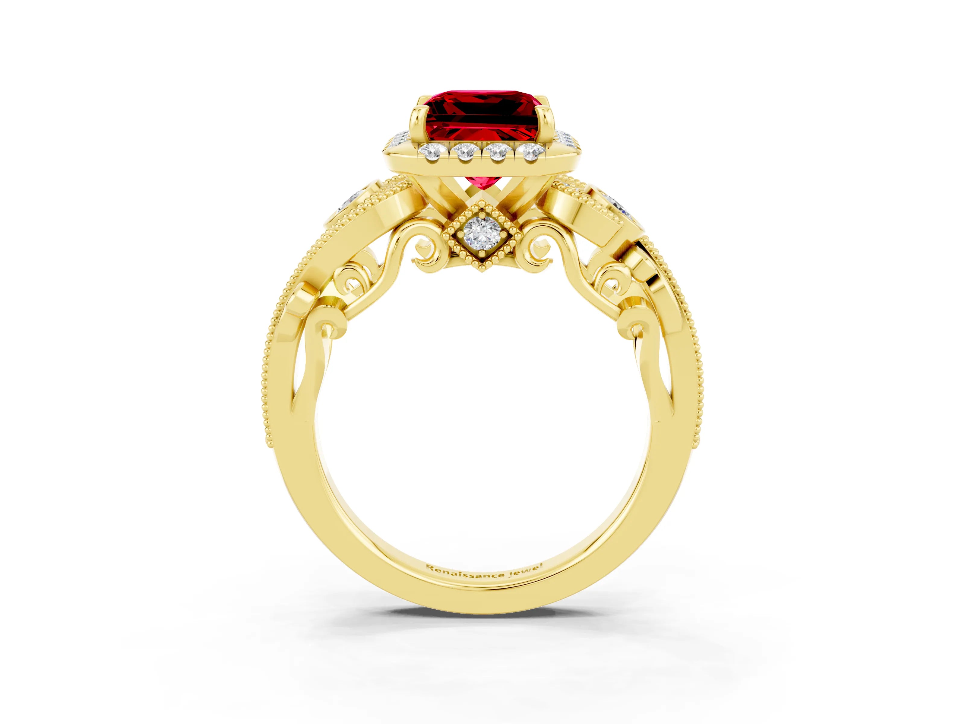 Yellow gold Princess Cut Ruby Halo Ring with Milgrain Pavé Band and Four-Prong Setting_39