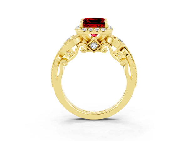 Yellow gold Princess Cut Ruby Halo Ring with Milgrain Pavé Band and Four-Prong Setting