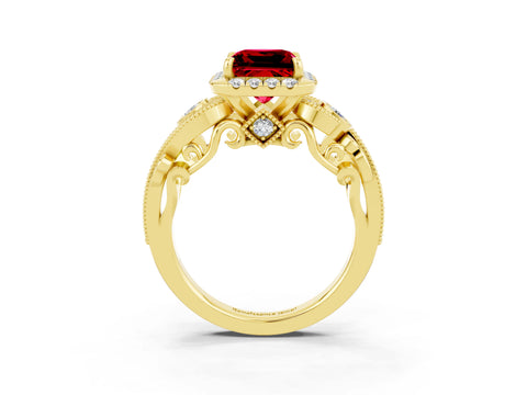 Yellow gold Princess Cut Ruby Halo Ring with Milgrain Pavé Band and Four-Prong Setting_39