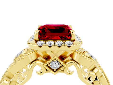 Yellow gold Princess Cut Ruby Halo Ring with Milgrain Pavé Band and Four-Prong Setting_40