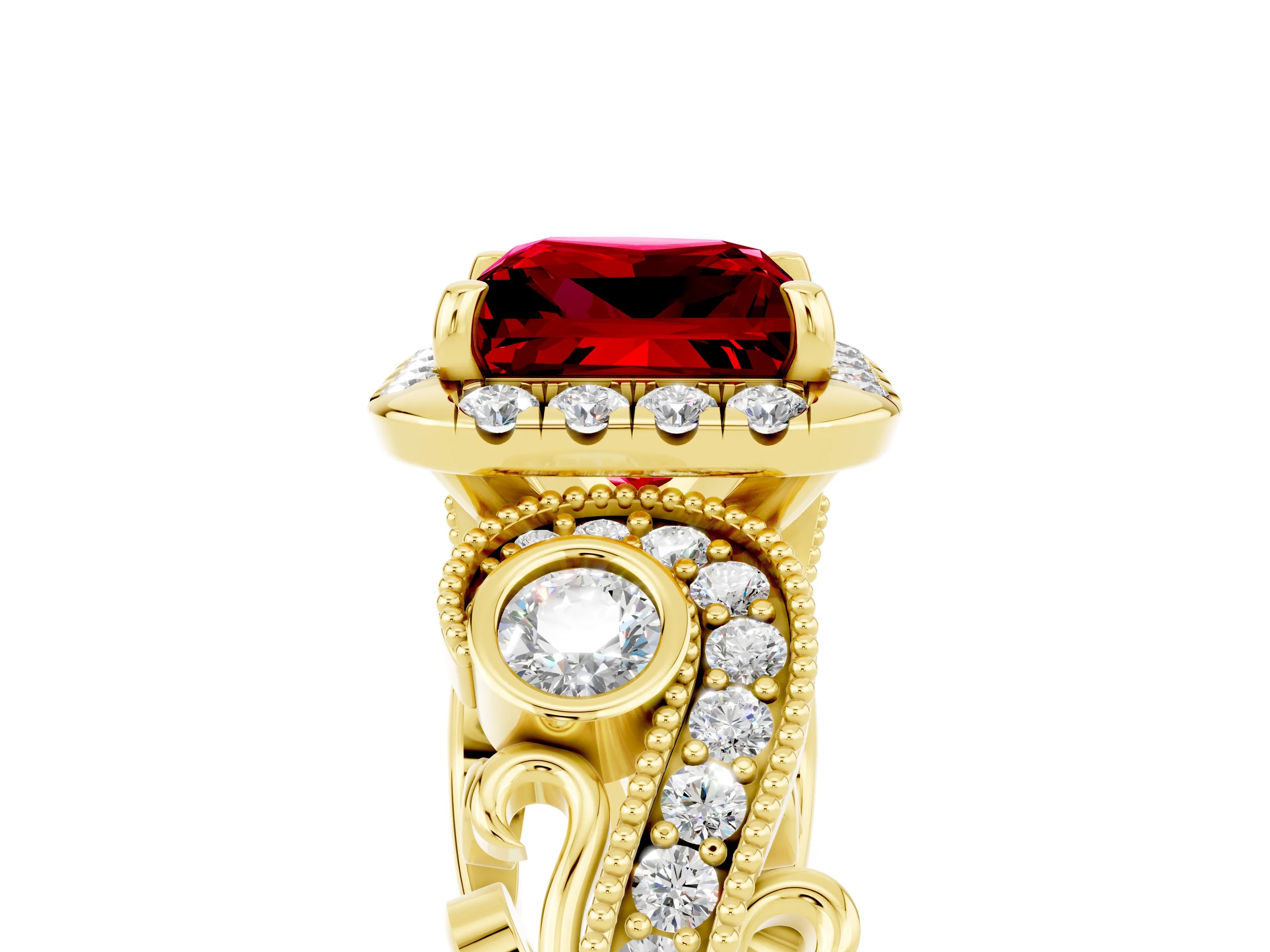 Yellow gold Princess Cut Ruby Halo Ring with Milgrain Pavé Band and Four-Prong Setting_41
