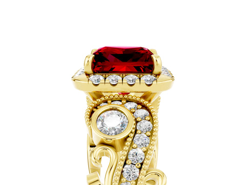 Yellow gold Princess Cut Ruby Halo Ring with Milgrain Pavé Band and Four-Prong Setting_41