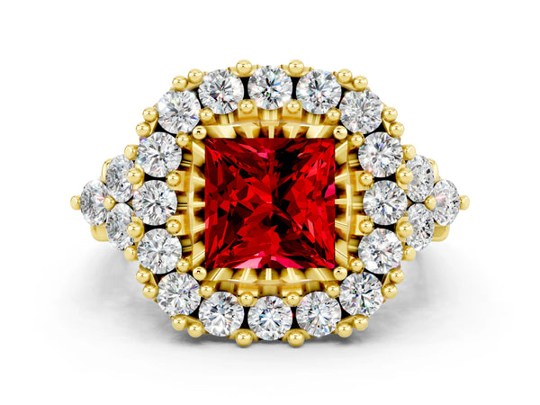 Yellow gold Princess Cut Ruby Halo Ring with Pavé Band and Four-Prong Setting