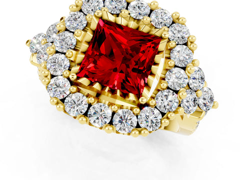 Yellow gold Princess Cut Ruby Halo Ring with Pavé Band and Four-Prong Setting_13