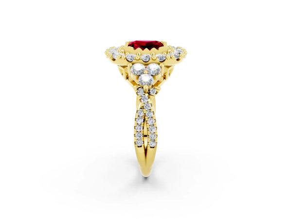 Yellow gold Princess Cut Ruby Halo Ring with Pavé Band and Four-Prong Setting