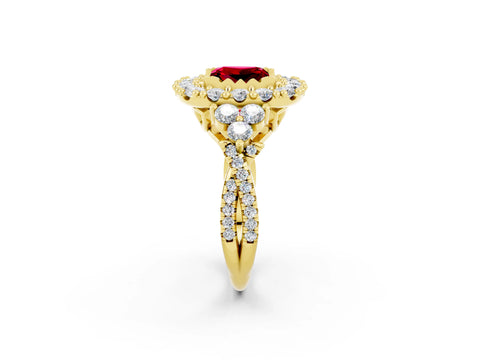 Yellow gold Princess Cut Ruby Halo Ring with Pavé Band and Four-Prong Setting_14
