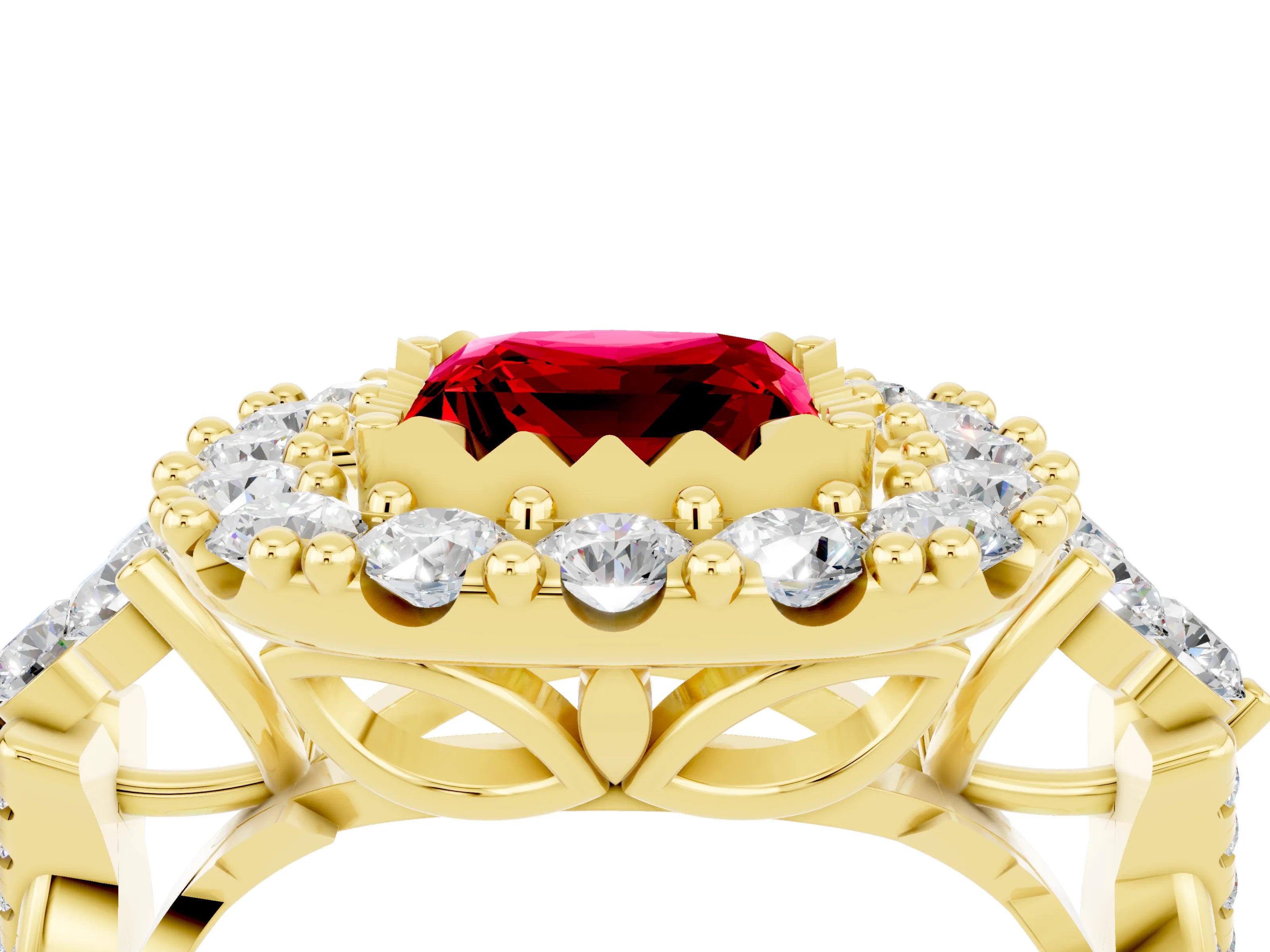 Yellow gold Princess Cut Ruby Halo Ring with Pavé Band and Four-Prong Setting_16