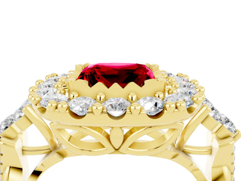 Yellow gold Princess Cut Ruby Halo Ring with Pavé Band and Four-Prong Setting_16