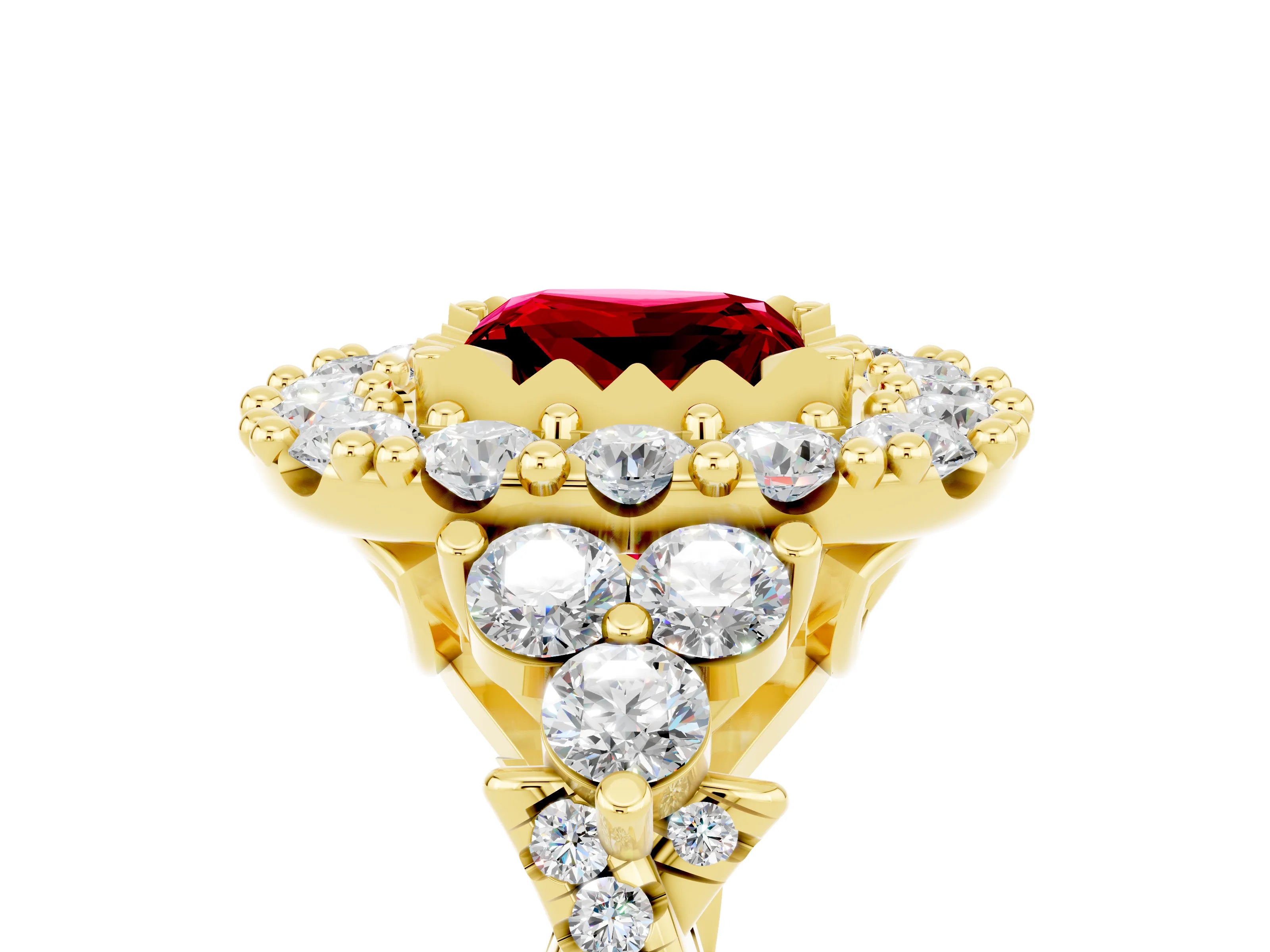 Yellow gold Princess Cut Ruby Halo Ring with Pavé Band and Four-Prong Setting_17