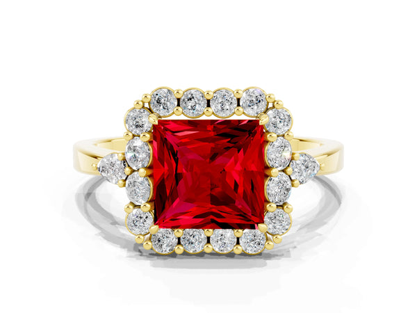 Yellow gold Princess Cut Ruby Halo Ring with Pear Side Stones and Prong Setting